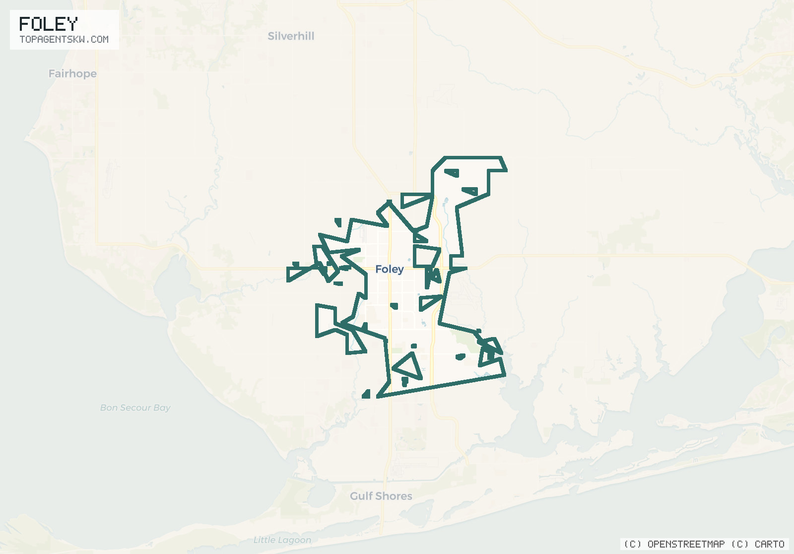 Map of the Foley, AL service area covered by TRU Pressure Washing