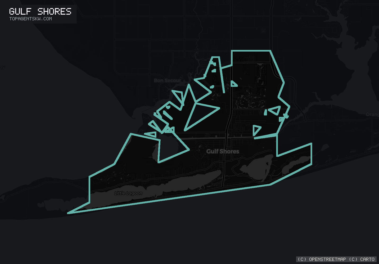 Map of the Gulf Shores, AL service area covered by TRU Pressure Washing