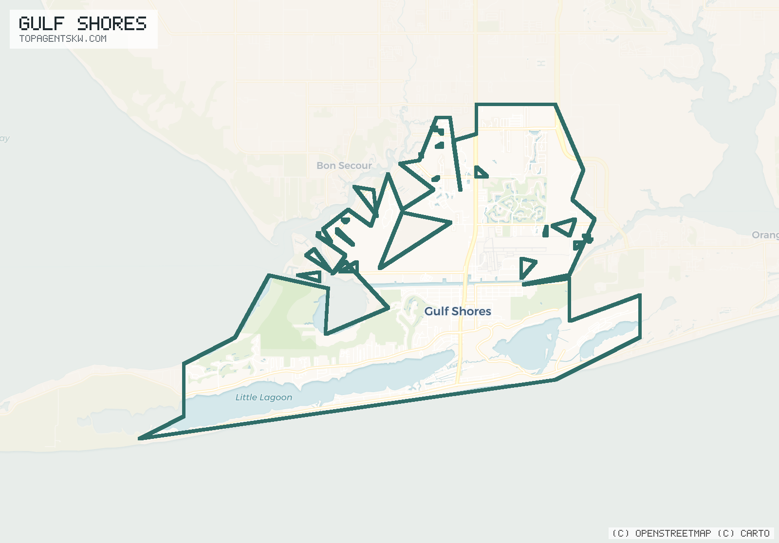 Map of the Gulf Shores, AL service area covered by TRU Pressure Washing