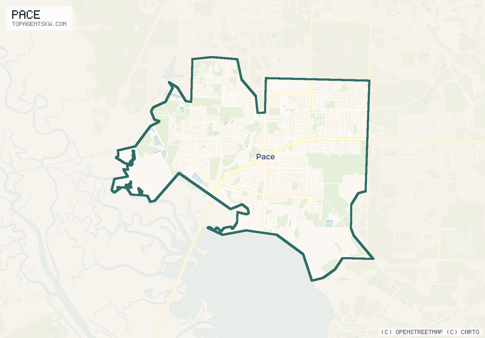 Map of the Pace, FL service area covered by TRU Pressure Washing